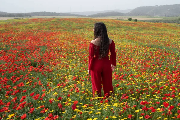 Kırmızıya bürünmüş genç bir kadın baharda açan tarlada dikiliyor. — Stok fotoğraf