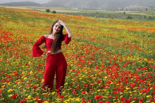 Jovem feliz sorrindo mulher vestindo vestido vermelho no campo de primavera. — Fotografia de Stock
