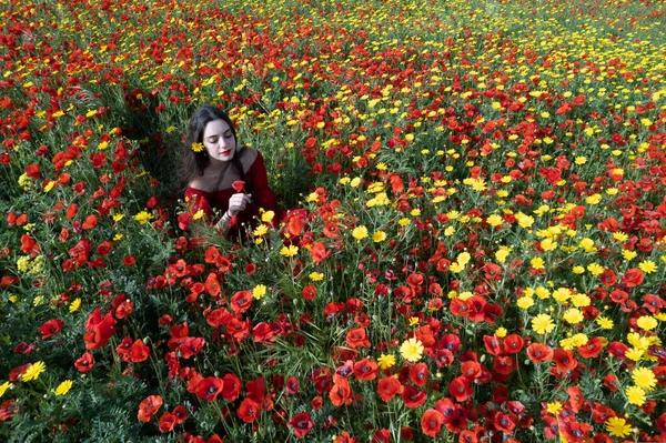 Genç, mutlu bir kadın çiçek açmış bahar tarlasında mutlu bir şekilde yatıyor. — Stok fotoğraf