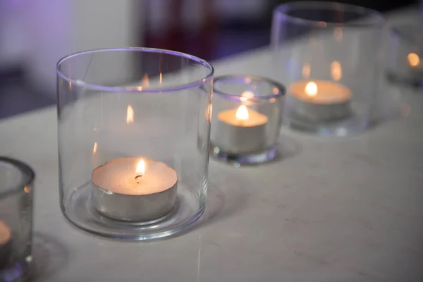 Luz Vela Brilhando Vidro Jar Atmosfera Romântica Decoração Casamento Espírito — Fotografia de Stock