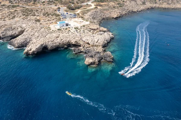 Aerial View Speed Motor Boat Open Sea Ayoi Anargyroi Cape — Stockfoto