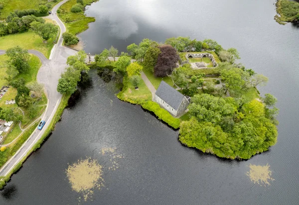 Aerial Drone Photo Finbarr Oratory Church Gougane Barra Cork West — Fotografia de Stock