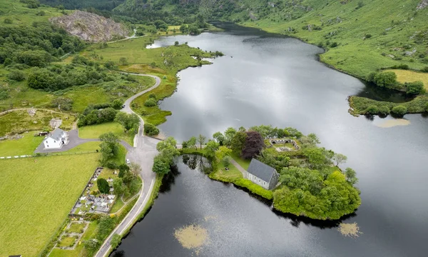 Aerial Drone Photo Finbarr Oratory Church Gougane Barra Cork West —  Fotos de Stock