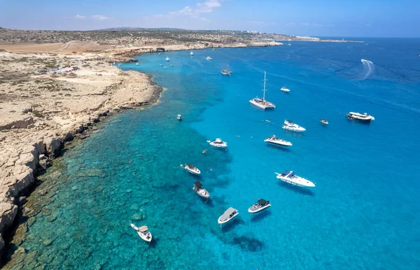 Drone Aerial Seascape Luxury Yachts Moored Coast Unrecognised People Swimming — Stockfoto