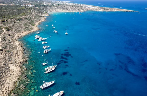 Drone Aerial Seascape Luxury Yachts Moored Coast Unrecognised People Swimming — Stockfoto