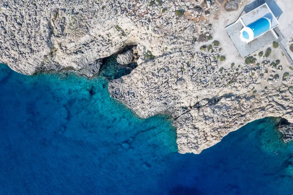 Drone Aerial Photograph Cape Greco Peninsula Agioi Anargyroi Christian Church — Stockfoto