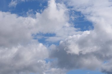 Beyaz bulutlar ve mavi gökyüzü ve uçan kuş.