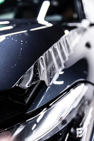 Hood Modern Car Application Tranparent Protective Film Car Detailing Studio — 스톡 사진