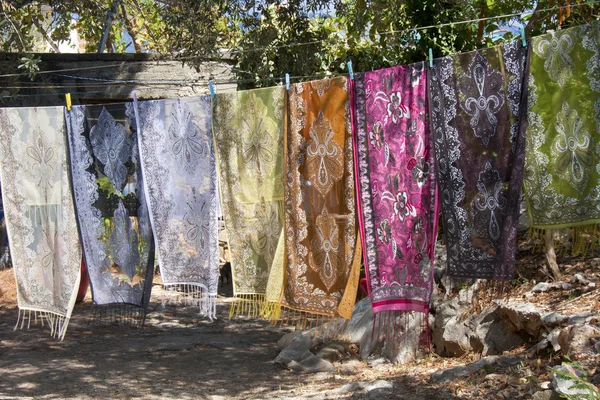 Turkish carpets hanging on a line — Stock Photo, Image