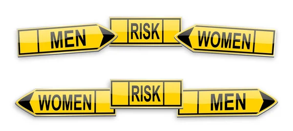 Setas direcionais homens, mulheres e risco — Fotografia de Stock