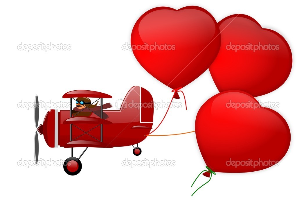 Triplane and three hearts on a white background