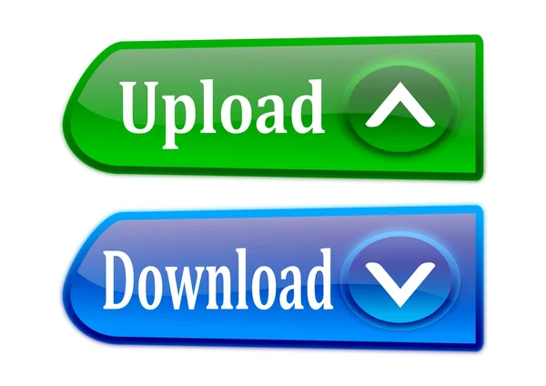 Dwa kolorowe przyciski download i upload — Zdjęcie stockowe