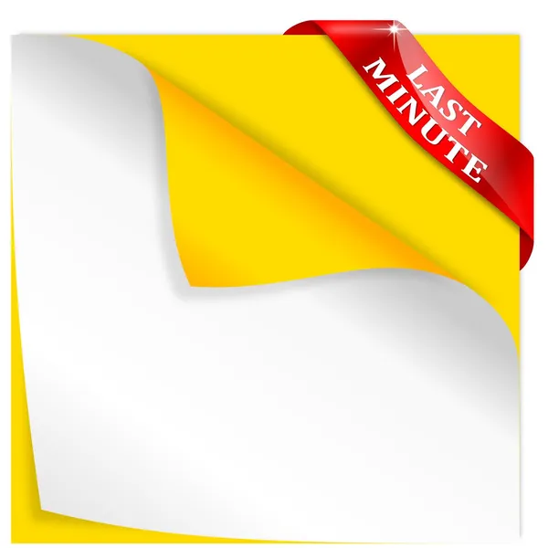 Gebogenes gelbes Papier mit einer Ecke eines Last-Minute-Schildes — Stockfoto