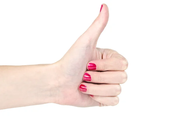 Рука с красным лаком для ногтей показывает большие пальцы вверх — стоковое фото