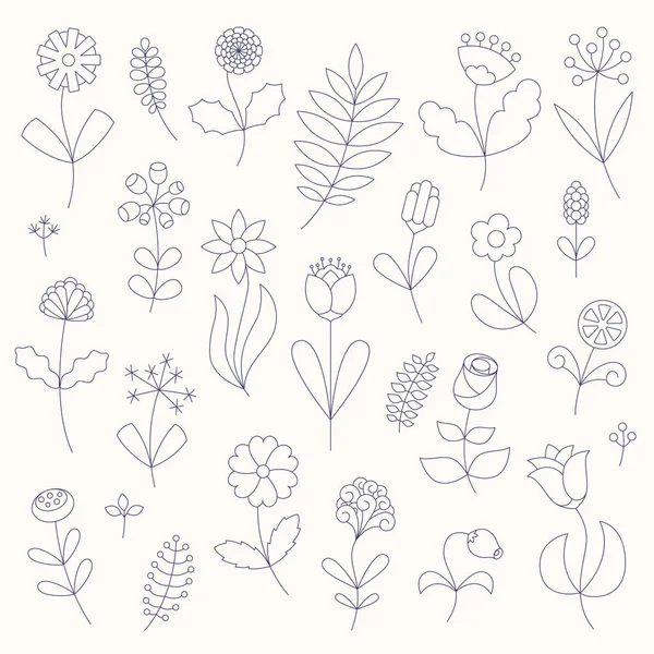 Set de arte de línea de flores. Dibujo de contorno minimalista. Los símbolos florales — Vector de stock