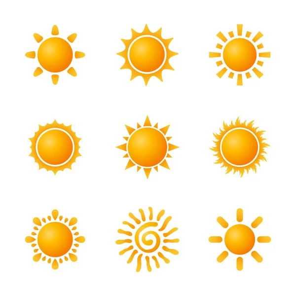 Güneş Sembolü Belirlendi Dokuz Sarı Turuncu Güneş Tasarımı Vektör Çizimi — Stok Vektör