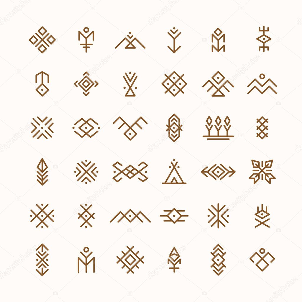 Tribal and boho style symbols. Native american symbols. Esoteric and spiritual icons. Vector illustration