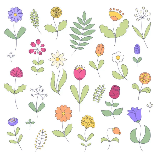 Set Arte Línea Flores Dibujo Contorno Minimalista Los Símbolos Florales — Vector de stock