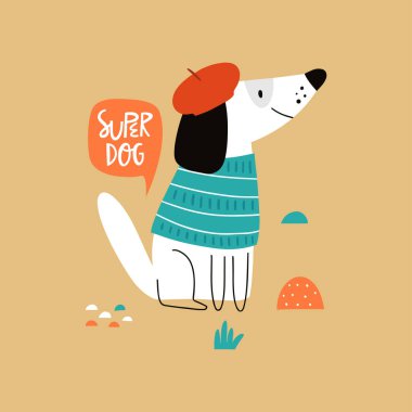 Komik köpekli vektör çizimi. Düz çizgi film vektör illüstrasyonu. Web