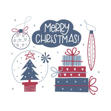 Noel tebrik kartı. Çizgi film tarzı. Beyaz arkaplanda izole. 