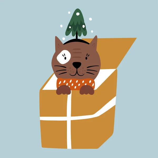 Regalo de Navidad con gato gracioso. Ilustración de invierno. — Vector de stock