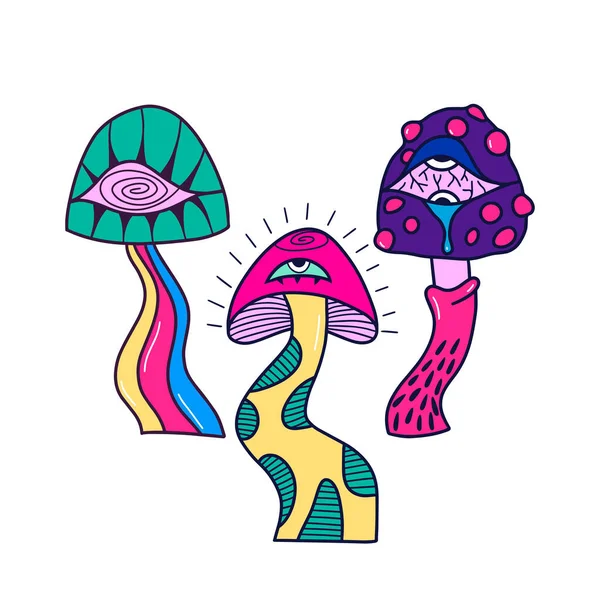 Ilustração Vetorial Mágica Cogumelos Fantasia Desenhos Animados Estilo Psicodélico Todos —  Vetores de Stock