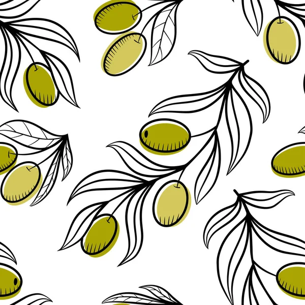 Nahtloses Muster für Bio-Olivenöl. Vektorillustration. — Stockvektor