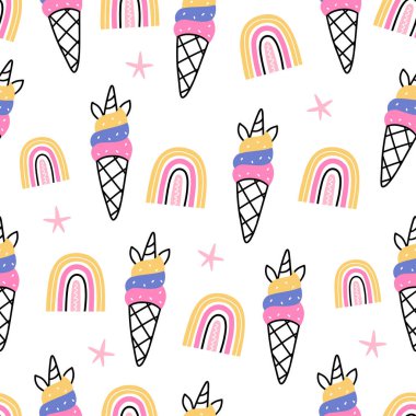 Beyaz arka planda tatlı tek boynuzlu at ve gökkuşağı desenli kusursuz vektör deseni. Tekstil ve ambalaj kağıdı için mükemmel..