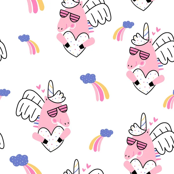 无缝隙矢量图案 白色背景上有可爱的粉色独角兽 最适合纺织品和包装纸 — 图库矢量图片