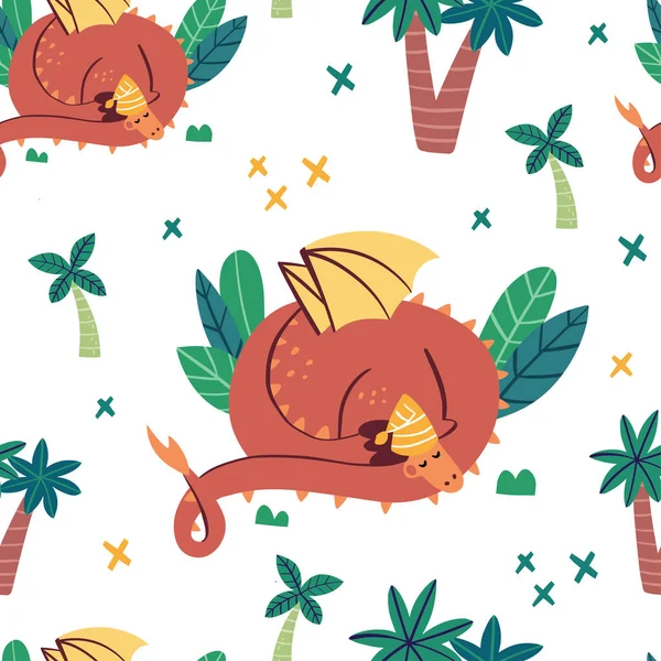 Seamless vector pattern with cute dinosaur on white background. Perfect for textiles and wrapping paper.