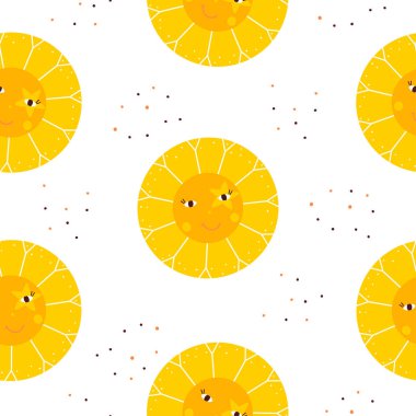 Güzel güneşli, kusursuz bir desen. Yaratıcı çocuklar kumaş, ambalaj, tekstil, duvar kağıdı ve giysi için el yapımı kumaş. Vektör illüstrasyonu