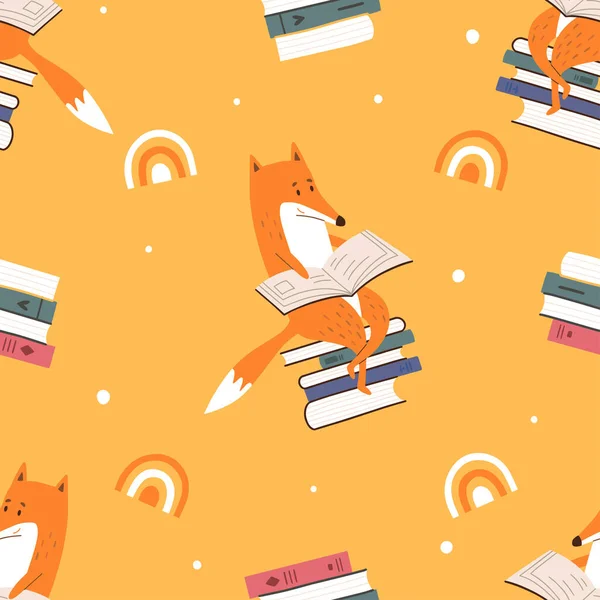 Fox Dengan Buku Pola Mulus Toko Buku Atau Perpustakaan Dengan - Stok Vektor