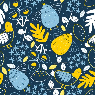 Sevimli kuşlar kusursuz desenli, çiçekli arka plan. Çiçek açan çiçekler, çiçek kağıtları, Bahar Albümü. Vektör illüstrasyonu.