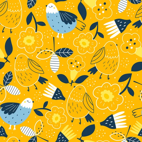 Cute birds seamless pattern on yellow background, Spring background. Modern design for wrapping paper, covers, cards, fabrics and other users.
