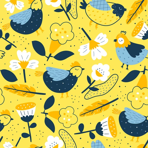 Симпатичные Птицы Бесшовный Рисунок Желтом Фоне Цветочный Фон Цветущие Цветы — стоковый вектор