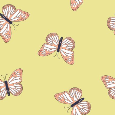 Kelebekli parlak parmak izi. Liberty tarzında kusursuz bir desen. Moda baskıları için zarif bir şablon. Vektör arkaplanı.