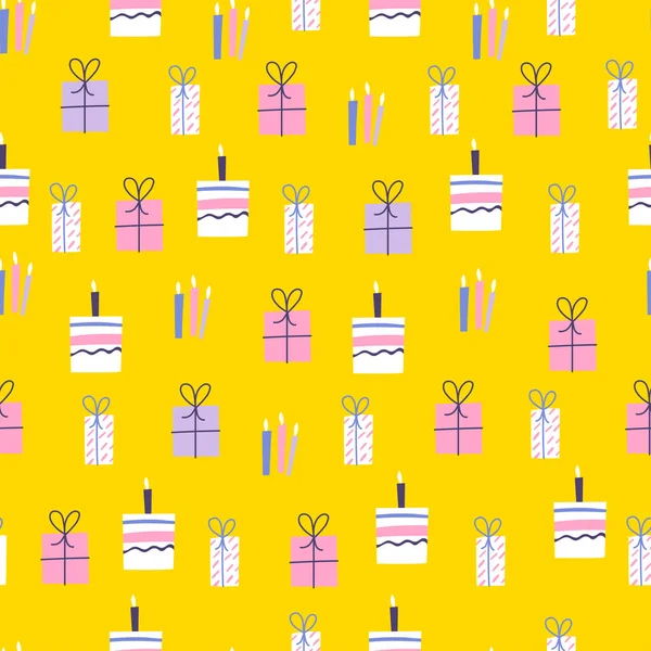 Kusursuz desenli pasta ve sarı arka planda hediyeler. Ambalaj kağıdı deseni. Tatil duvar kağıdı.