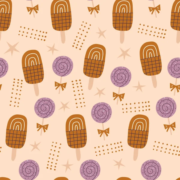 ヴィンテージスタイルでアイスクリームやキャンディーとシームレスなパターン 織物や紙のためのお祭り現代の壁紙 ベクトル子供の手の背景を描いた — ストックベクタ