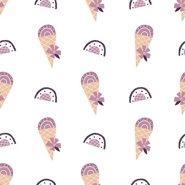 アイスクリームと虹とシームレスなパターン お祝いのモダンな壁紙 ベクターハンドメイドの背景 — ストックベクタ