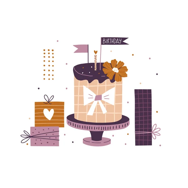 Vektorillustration Mit Kuchen Und Geschenkschachteln Festlicher Druck Vintage Stil Vektor — Stockvektor