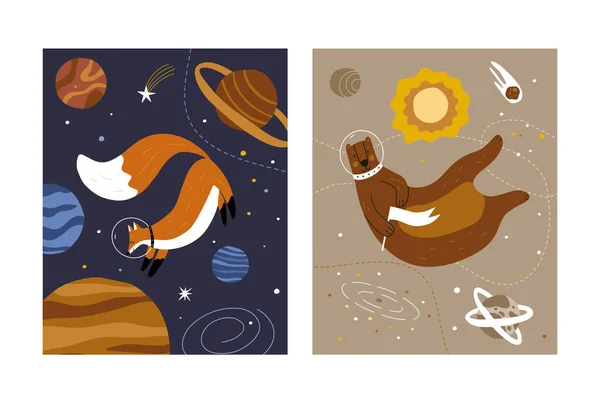 熊と狐の宇宙ポスター 子供部屋のための装飾 子供のための壁に絵葉書やポスター — ストックベクタ