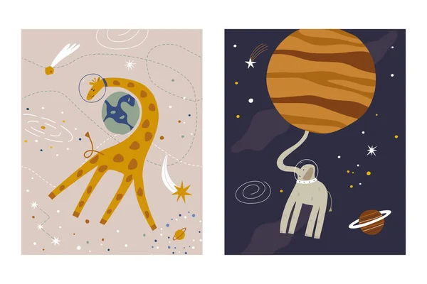 Διαστημικές Αφίσες Καμηλοπάρδαλη Και Ελέφαντα Διακόσμηση Για Παιδικό Δωμάτιο Κάρτες — Διανυσματικό Αρχείο