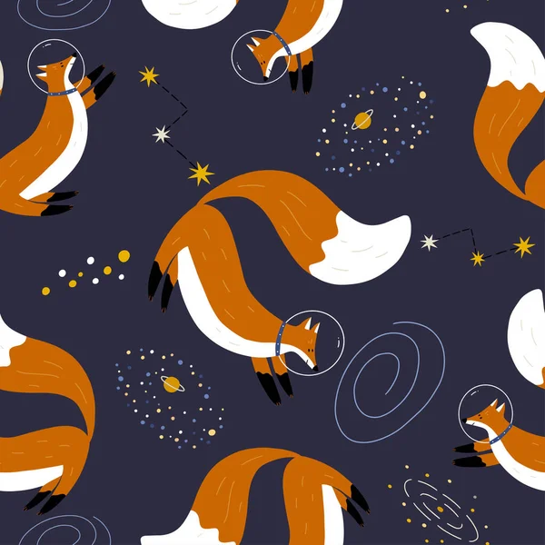 Seamless space pattern with a fox. Fashionable children's wallpaper. Beautiful wrapping paper with fox. Cartoon illustration.