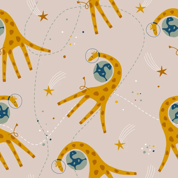 Seamless space pattern with giraffes. Fashionable children's wallpaper. Wallpaper for children's textiles