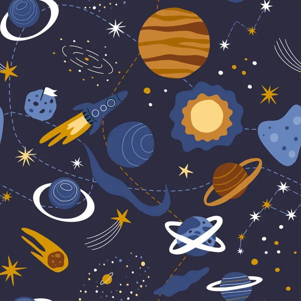 Galaksiyle Kusursuz Uzay Deseni Moda Çocuk Duvar Kâğıdı Çocuk Tekstil — Stok Vektör