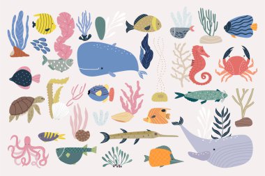 Su altı dünyası beyaz arka planda izole edilmiş elementler kümesidir. El çizimi illüstrasyon.