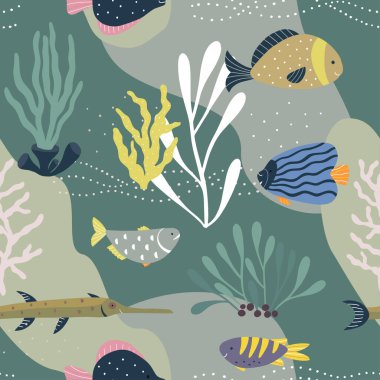 Denizci desenli. Karanlık bir arka planda deniz sakinleri olan vektör geçmişi. Çizgi film illüstrasyonu.