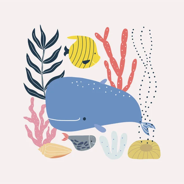Fashionable Print Sea Dolphin Isolated White Background Summer Illustration Cartoon — Stock Vector