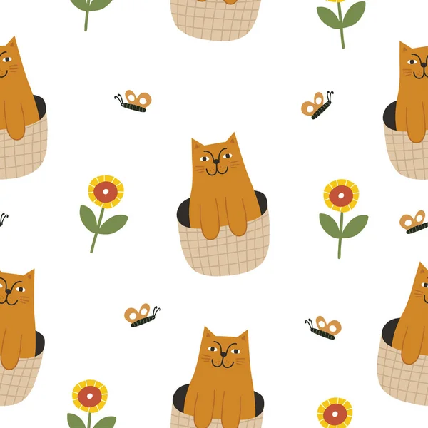 Seamless Vector Pattern Cat Basket Vector Background Textiles Wallpaper — 图库矢量图片