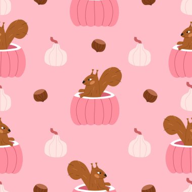 Sincap kabağı ve fındıklı güz deseni. Sonbahar dekorasyonu için moda baskı.